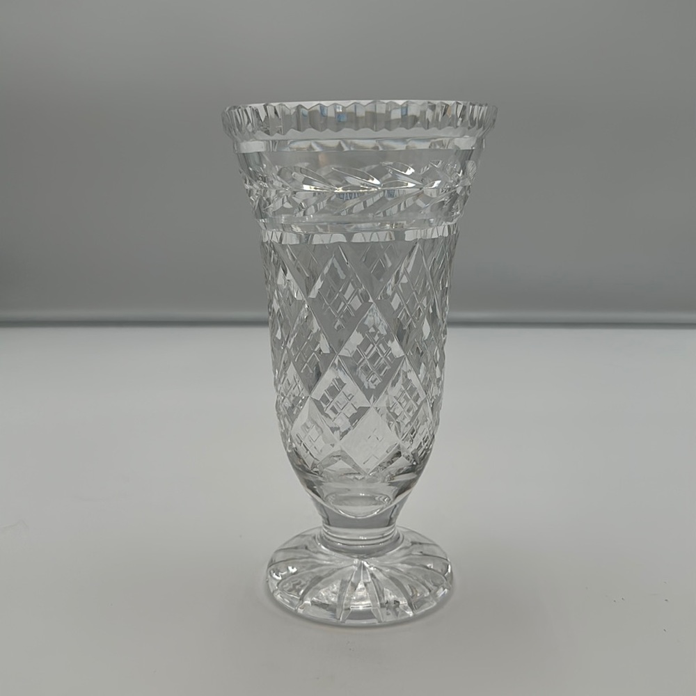 Old Vintage Waterford Crystal Footed Vase in a Glandore Pattern Variation